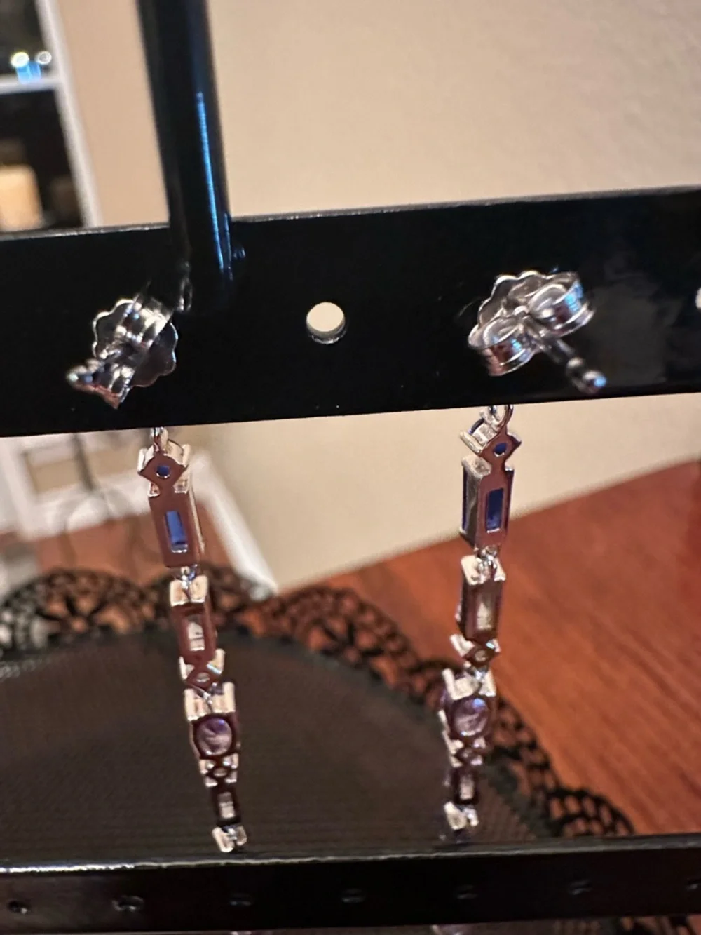 925 Sterling Silver Multicolor Stone Drop Earrings | Purple Blue Dangle-Long - Picture 4 of 5